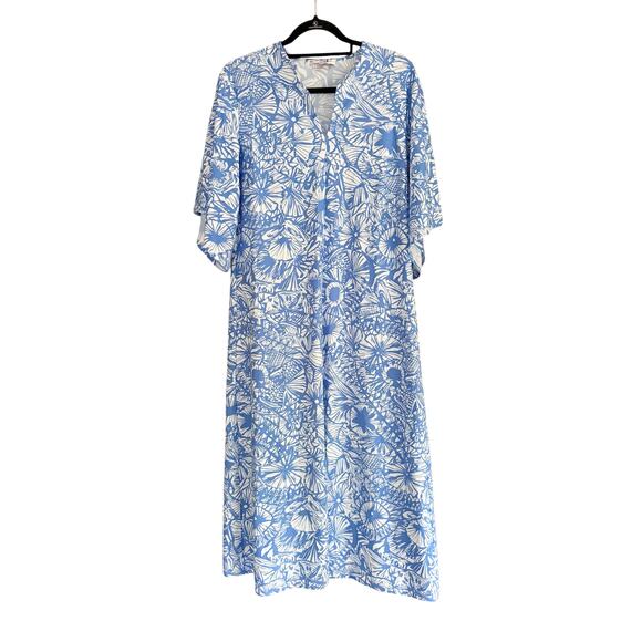 Jude Connally Large Blue White Patterned Short Sleeve Midi Dress Stretchy Comfy - Picture 1 of 6